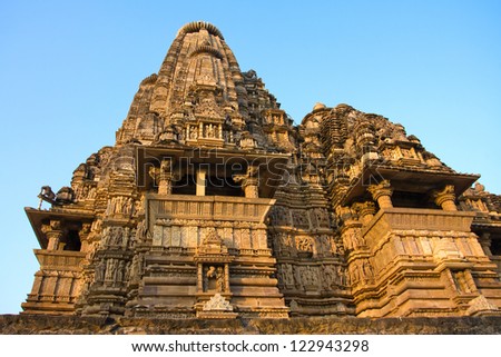 India: Temples of Khajuraho, one of the most popular tourist destinations in India, and famous for their erotic sculptures. Unesco World Heritage.