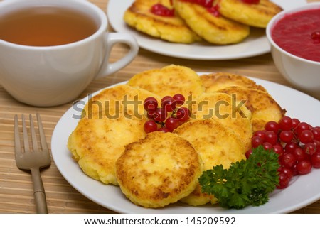 Delicious homemade cheese pancakes closeup