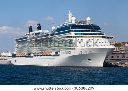 ISTANBUL, TURKEY - JULY 18, 2015 : White big cruise ship and water Bosphorus strait in Istanbul, Turkey