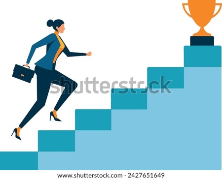A Woman accomplishment, stride toward professional achievement, drive to advance along a career path, growth, ascent up a staircase to a goal, ambition concept business woman sprints quickly 