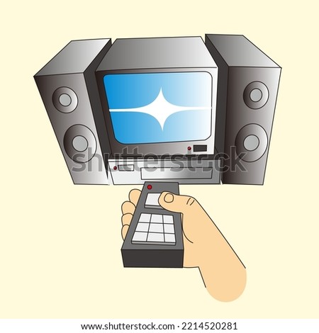 Cartoon style turn off television with remote control in hand. Isolated vector illustration.