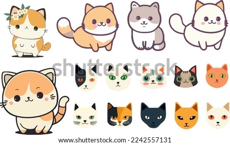 Cute stickers with cats isolated on a white background. Set of flat cartoon kawaii cats in different poses. Collection of Cat faces, heads, icons, emoji. Kitten in full growth. Vector