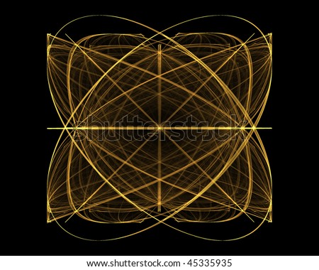 Fractal design depicting orbital paths in gold on a black background