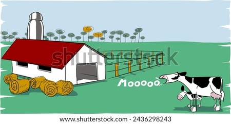 Dairy cow and her little calf say moo in front of the cow barn and balls of hay or fodder in a large meadow on a summer day