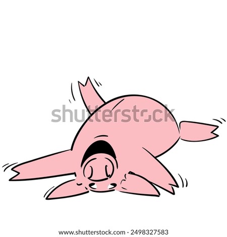 Pig on the ground belly up laughing his head off in cartoon style vector very simple and ready to print