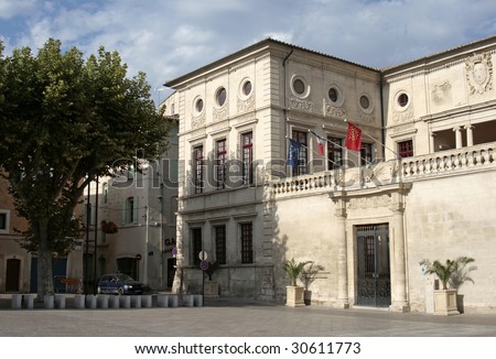 A typical French town hall and square, in Beaucaire, southern France.