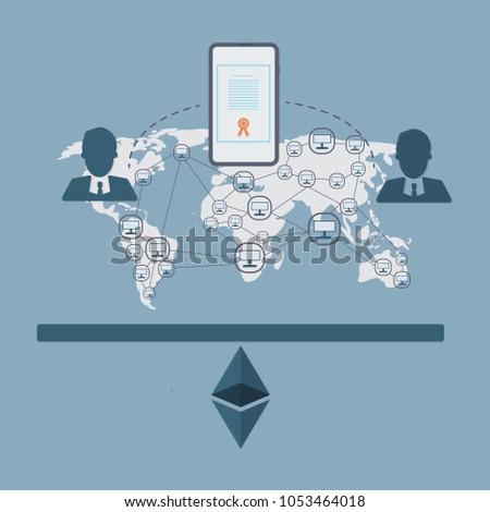 The work system of the Ethereum Cryptocurrency platform. Ceating a secure contract between two people. Vector illustration,  flat style.