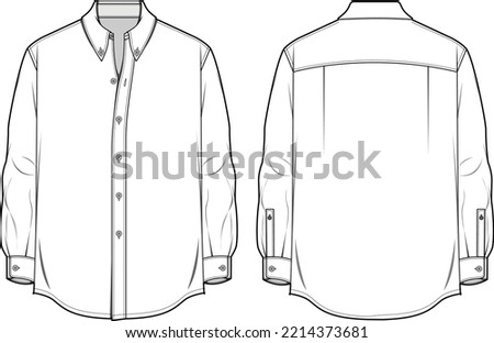 Men's long sleeves formal shirt flat sketch illustration, Woven shirt for formal wear and casual wear fashion illustration template mock up