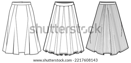 Women midi Skirt flat sketch illustration, Set of Womens pleated  skirt font and back view technical drawing vector illustration