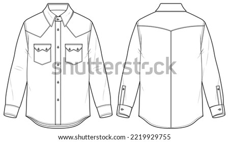 Men's Long sleeve denim shirt flat sketch illustration front and back view, double patch pocket long sleeve shirt for casual wear fashion illustration template mock up