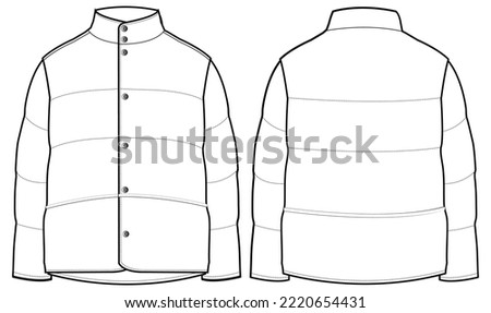 Puffer jacket design flat sketch Illustration front and back view vector template, Quilted  Puffa winter Jacket for men and women