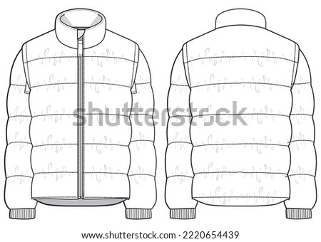 Puffer jacket design flat sketch Illustration front and back view vector template, Quilted  Puffa winter Jacket for men and women