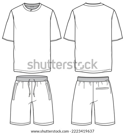 Mens T Shirt and short set flat sketch illustration front and back view, Set of short sleeve t shirt casual wear fashion illustration drawing template mock up