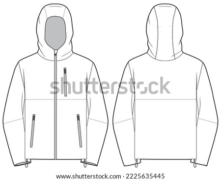 Wind cheater Hoodie jacket design flat sketch Illustration, Wind breaker Hooded jacket with front and back view, winter jacket for Men and women. for hiker, outerwear and workout in winter
