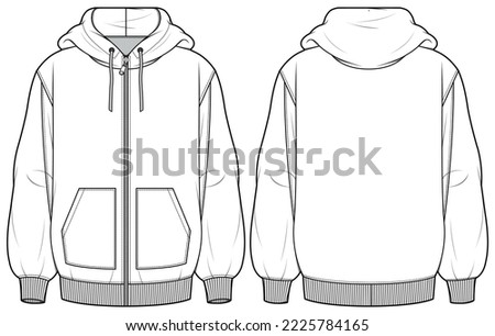 Long sleeve Hoodie jacket design flat sketch Illustration, Hooded sweater jacket with front and back view, winter jacket for Men and women. for hiker, outerwear and workout in winter