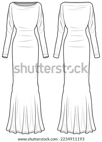 Women column dress design flat sketch fashion illustration with front and back view, long sleeve boat neck mermaid dress drawing vector template.