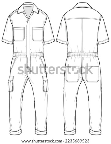 Coveralls  flat sketch fashion illustration technical drawing with front and back view, Short sleeve Overalls safety uniform technical drawing sketch vector template