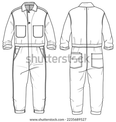 Mechanic Coveralls  flat sketch fashion illustration technical drawing with front and back view, Long sleeve Overalls safety uniform technical drawing sketch vector template