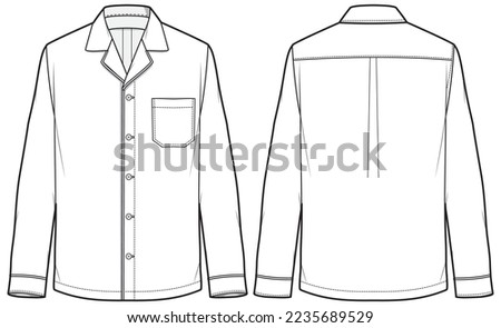 Men's long sleeves pajama shirt flat sketch illustration drawing, Lounge pyjama Woven shirt for sleep wear and casual wear fashion illustration template mock up