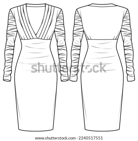 Women ruched sleeve  bodycon dress design flat sketch fashion illustration drawing with front and back view. Ladies column  bandage evening wear. deep v neck tight dress drawing vector template