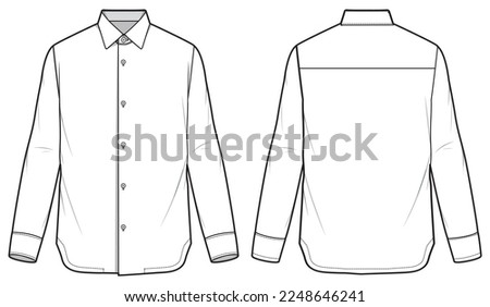 Men's long sleeves slim fit formal shirt flat sketch illustration with front and back view, Woven french placket shirt for formal wear and casual wear fashion illustration template mock up