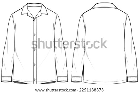 Men's long sleeves pajama shirt flat sketch illustration drawing, Lounge pyjama Woven night wear shirt for sleep wear and casual wear fashion illustration template mock up