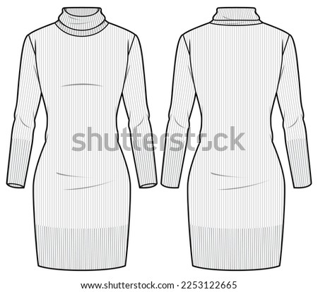 Women high neck bandage column knit dress design flat sketch fashion illustration with front and back view, long sleeve turtle neck bodycon dress drawing vector template