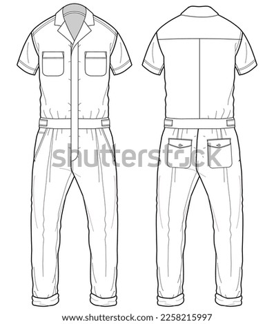 Jumpsuit  flat sketch fashion illustration technical drawing with front and back view, Short sleeve Overalls safety uniform technical drawing sketch vector template