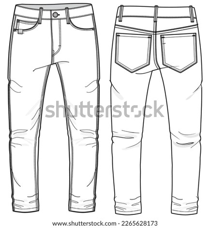 Men's denim jeans trouser pants front and back view flat sketch fashion illustration, five pockets denim pants vector template