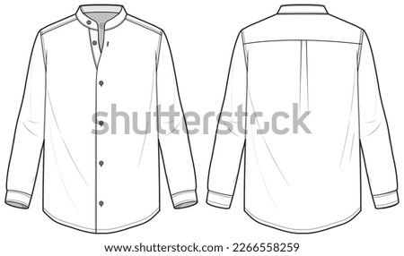 Men's long sleeves band collar formal shirt flat sketch illustration front and back view, Mandarin collar Woven shirt for formal wear and casual wear fashion illustration template mock up
