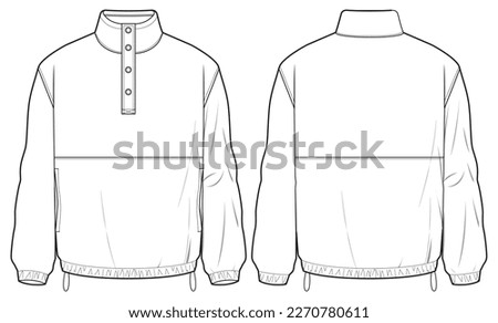 Popover jacket design flat sketch Illustration front and back view vector template, Anorak winter Jacket for men and women