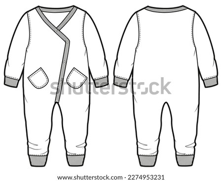 Baby boy Long sleeve sleep suit rompers design flat sketch fashion illustration drawing template mock up with front and back view. Toddler baby boy and  girl  Onesies bodysuit T shirt cad drawing