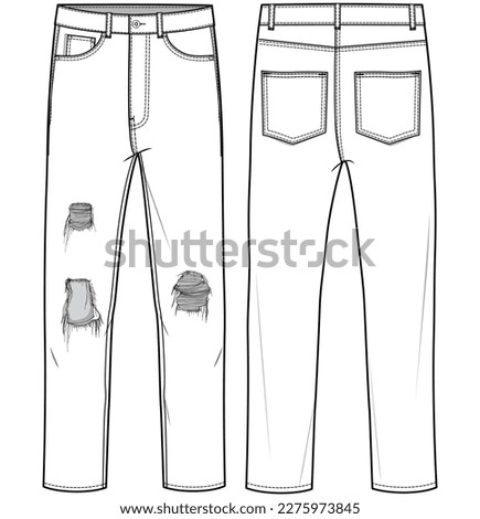 Men's denim ripped jeans trouser pants front and back view flat sketch fashion illustration, five pockets rip denim pants vector template