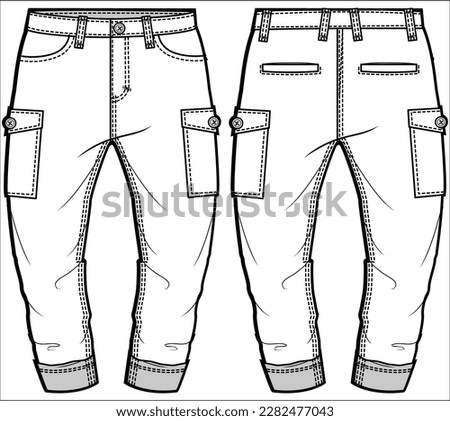 Men's Cropped cargo denim jeans trouser pants front and back view flat sketch fashion illustration, five pockets Cropped ankle length denim pants vector template, Banana cut jeans drawing