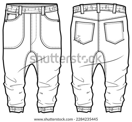 Men's Cropped denim jeans trouser pants front and back view flat sketch fashion illustration, five pockets Cropped ankle length denim pants vector template