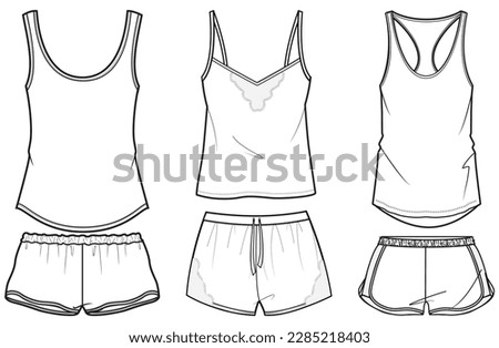 Women's sleeveless Tank top vest with shorts flat sketch fashion illustration drawing template mock up with front and back view, Camisole Night wear pajama set. Cami set sleepwear