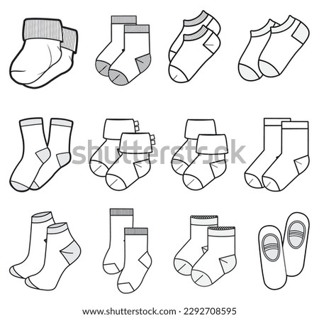 Set of Kids Socks flat sketch fashion illustration drawing template mock up, Children Calf length socks cad drawing for Baby, infants and toddlers, baby crew socks design drawing