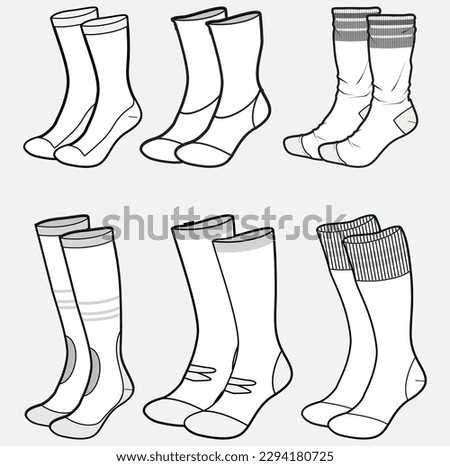 Set of Full length Socks flat sketch fashion illustration drawing template mock up, Knee length socks cad drawing for unisex men's and women's, Football socks design. Mid calf length socks drawing