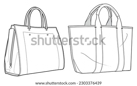 Tote bag flat sketch fashion illustration drawing template mock up, Canvas tote bag cad drawing. Carry bag flat sketch vector