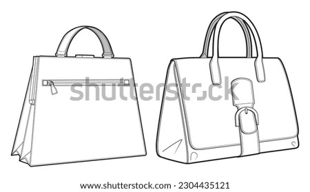 Lady handbag flat sketch fashion illustration drawing template mock up, Top handle kelly bag cad drawing. ladies Handheld bag flat sketch vector