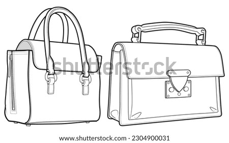 Lady handbag flat sketch fashion illustration drawing template mock up, Top handle kelly bag cad drawing. ladies Handheld bag flat sketch vector