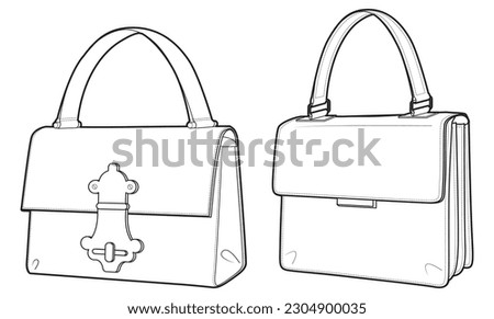 Lady handbag flat sketch fashion illustration drawing template mock up, Top handle kelly bag cad drawing. ladies Handheld bag flat sketch vector