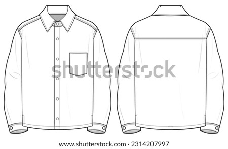 Men's Long sleeve denim shirt flat sketch illustration front and back view,  patch pocket long sleeve shirt for casual wear fashion illustration template mock up