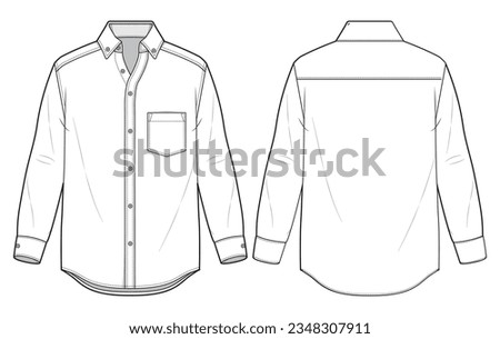 Men's long sleeves  Button down collar shirt flat sketch illustration with front and back view, Woven shirt for formal wear and casual wear fashion illustration template mock up