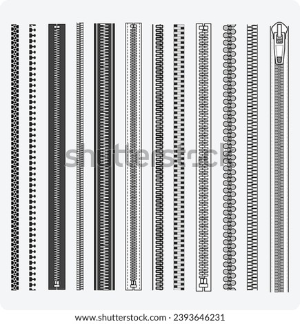 Seamless zippers with puller flat sketch vector illustrator Brush set, different types of Zip for fasteners, dresses garments, bags, Fashion illustration, Clothing and Accessories