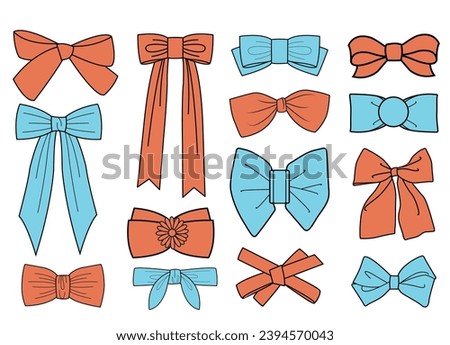 Bow knot and tie ups flat sketch vector illustrator. Set of sash bow knot for dress, waist band and clothing embellishments cad drawing template, Ribbon and satin bow knot drawing