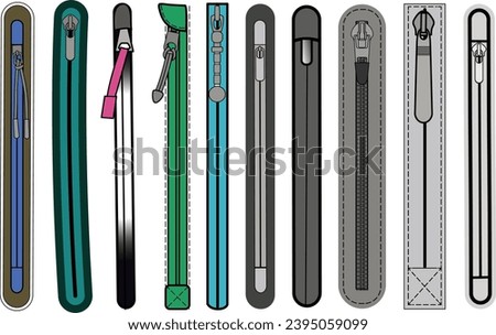 Zip fastener with Zipper puller flat sketch vector illustrator. Set of water proof invisible Zip pocket types for  Shorts, Pants, dress garments, bags, jackets Clothing and Accessories
