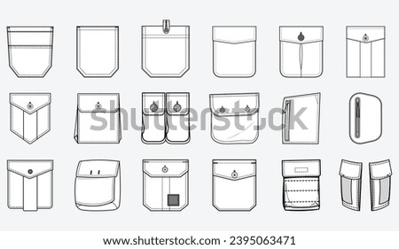 Patch pocket flat sketch vector illustration set, different types of Clothing Pockets  for jeans pocket, denim, sleeve arm, cargo pants, dresses, garments, Clothing and Accessories