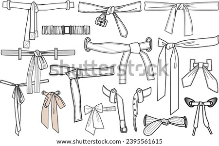 knotted waistband details for dress flat sketch vector illustration set, different belt  types ribbon fabric bow knots for waist band, Decorative bow knot.