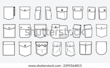 Patch pocket flat sketch vector illustration set, different types of Clothing Pockets for jeans pocket, denim, sleeve arm, cargo pants, dresses, bag, garments, Clothing and Accessories